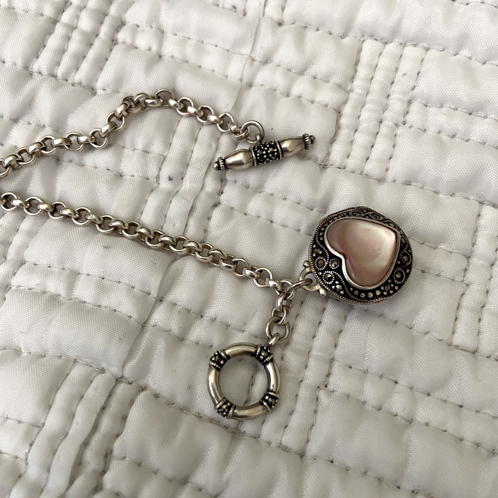 Sterling silver marcasite toggle bracelet with pink mother of pearl